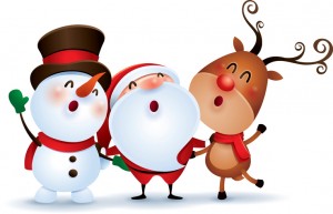 Santa Claus, Snowman and Rudolph Reindeer on white background